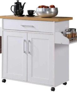 Hodedah Kitchen Island with Spice Rack, Towel Rack & Drawer, White with Beech Top, 15.5 x 35.5-44.9 x 35.2 inches