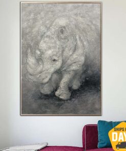 Huge Rhinoceros Painting Animal Wall Grey Art Large Original Acrylic Painting On Canvas Wall Canvas Art Original Wall Art Framed | WISE RHINOCEROS 40"x30"