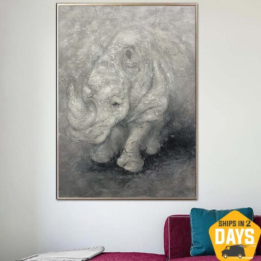 Buy Huge Rhinoceros Painting Animal Wall Grey Art Large Original Acrylic Painting On Canvas Wall Canvas Art Original Wall Art Framed | WISE RHINOCEROS 40"x30" online shopping cheap