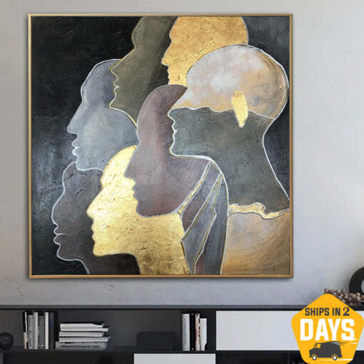 Buy Humans Oil Painting Gold Leaf Painting Abstract Faces Painting Original Modern Painting Humans Unique Wall Paintings On Canvas | UNITY 27.55"x27.55" online shopping cheap