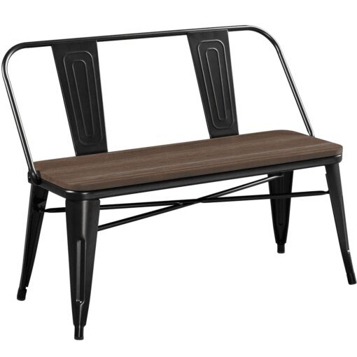 Buy Industrial Metal Dining Bench with Wooden Top for Patio Kitchen Garden