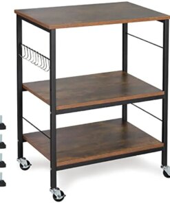 Industrial Microwave Oven Stand Kitchen Baker’s Rack End Table 3 Tier Storage Shelf with 10 Hooks for Living Room, Kitchen