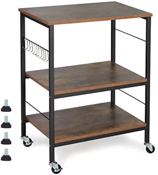 Buy Industrial Microwave Oven Stand Kitchen Baker's Rack End Table 3 Tier Storage Shelf with 10 Hooks for Living Room
