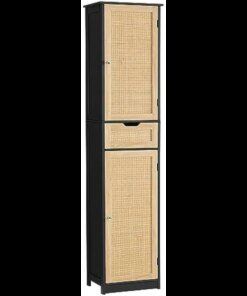 Iwell Tall Bathroom Cabinet with Doors, Rattan Storage Cabinet with Adjustable Shelves, Freestanding Narrow Linen Cabinet