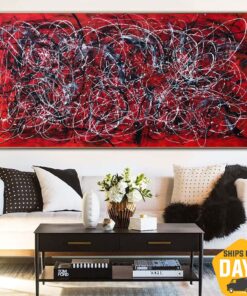 Jackson Pollock Style Paintings On Bright Red Canvas Modern Abstract Colorful Fine Art Handmade Wall Art Room Decor | SCARLET DREAMS 39.37"x78.74"