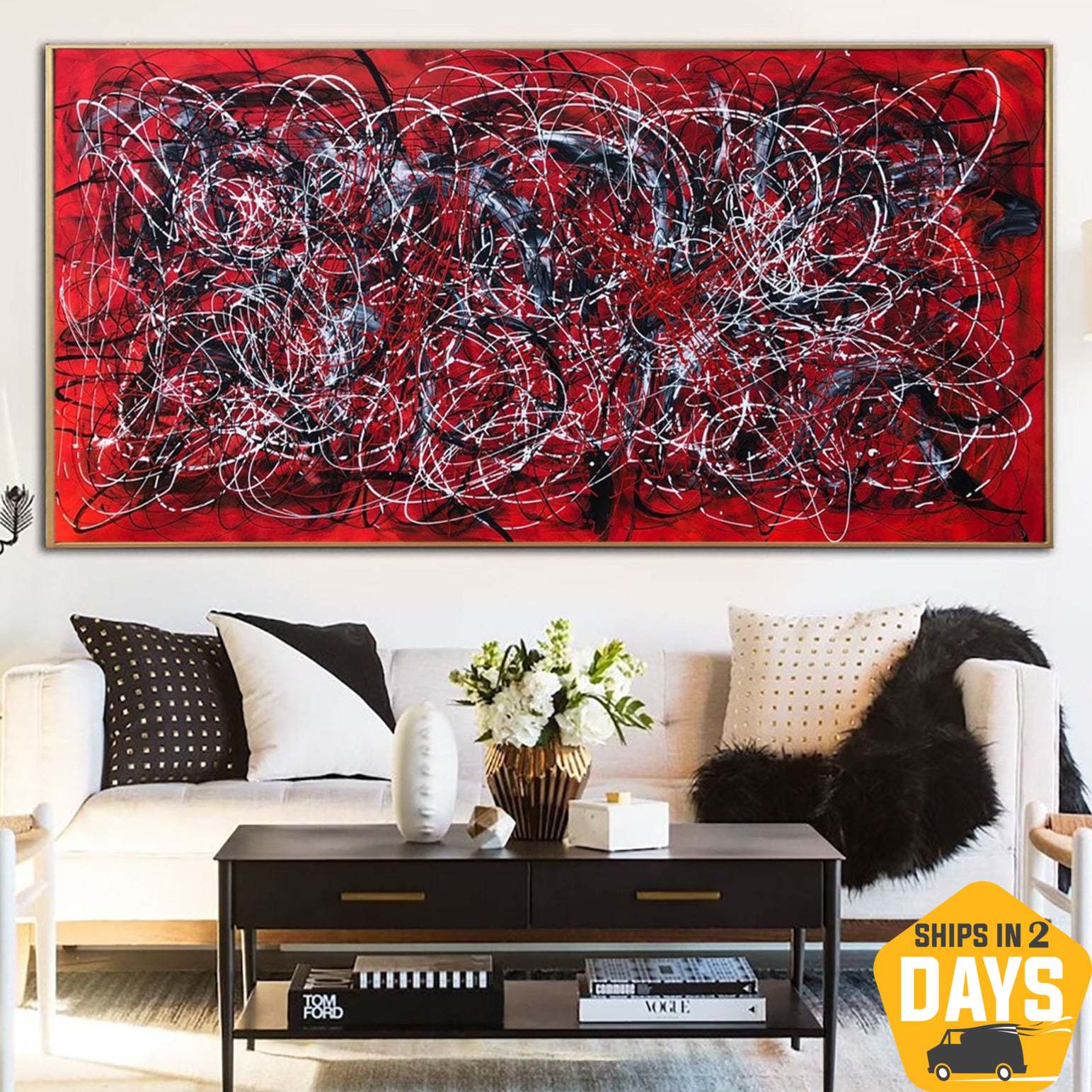 Buy Jackson Pollock Style Paintings On Bright Red Canvas Modern Abstract Colorful Fine Art Handmade Wall Art Room Decor | SCARLET DREAMS 39.37"x78.74" online shopping cheap