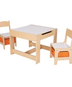 Kids Wooden Storage Table and Chairs Set, Natural Color, Melamine, 3 Piece Natural