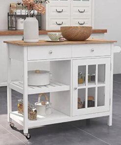 Kitchen Island, Portable Kitchen Cart Wood Top Kitchen Trolley with Drawers and Glass Door Cabinet, Wine Shelf, Towel Rack