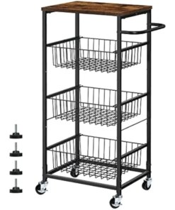Kitchen Storage Cart on Wheels 4 Tier Utility Rolling Cart with Baskets Farmhouse Serving Cart with Handle Mesh Basket Pantry