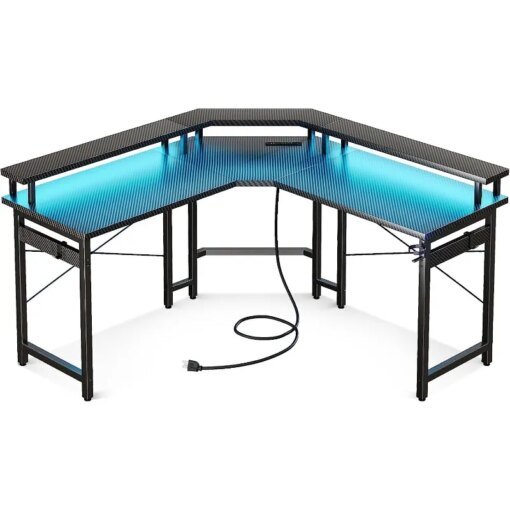 Buy L Shaped Gaming Desk with LED Lights & Power Outlets