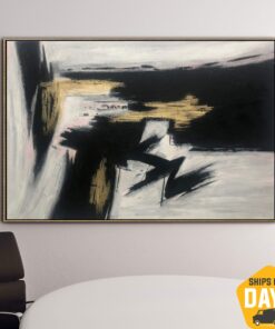 Large Abstract Black And White Oil Painting On Canvas Modern Fine Art Original Acrylic Gold Leaf Texture Wall Art | INFATUATION 53"x80"