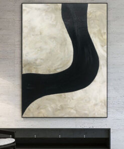 Large Abstract Black And White Painting On Canvas Beige Wall Art Minimalism Artwork Black Line Wall Art on Canvas Textured Oil Art | WINDING ROAD