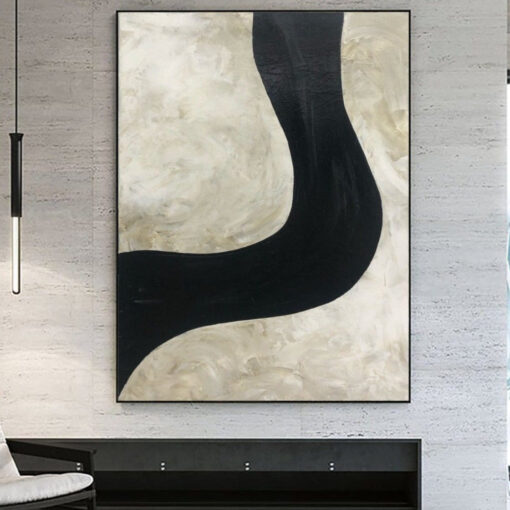 Buy Large Abstract Black And White Painting On Canvas Beige Wall Art Minimalism Artwork Black Line Wall Art on Canvas Textured Oil Art | WINDING ROAD online shopping cheap