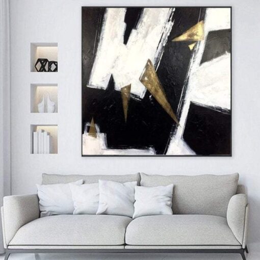 Buy Large Abstract Black And White Paintings On Canvas Gold Leaf Geometric Triangles Wall Art Abstract Fine Art | RABIES online shopping cheap
