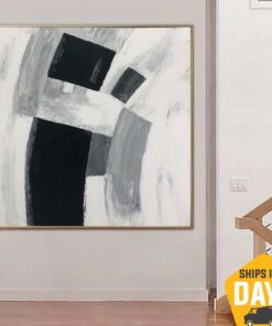 Large Abstract Black and White Painting on Canvas Minimalist Artwork Contemporary Wall Art Grey Painting for Aesthetic Room Decor | SILENT SHAPES 46"x46"