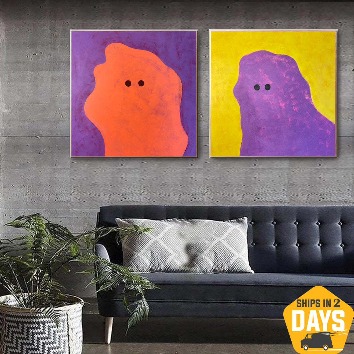 Buy Large Abstract Colorful Diptych Paintings On Canvas Original Set Of 2 Modern Textured Ghost Wall Decor | GHOST PARTY 2P 40"x80" online shopping cheap