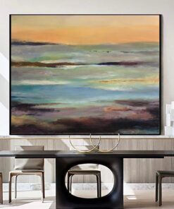 Large Abstract Landscape Painting: Ocean Wall Art in Blue, Brown and Orange Colors as Minimalist Artwork for Living Room Wall Deco | STRAY BEACH