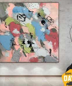 Large Abstract Oil Painting in Pink. Blue and Red Colors Modern Textured Wall Art as Hand Painted Art for Home Wall Decor | DREAMY PUZZLE 40"x40"
