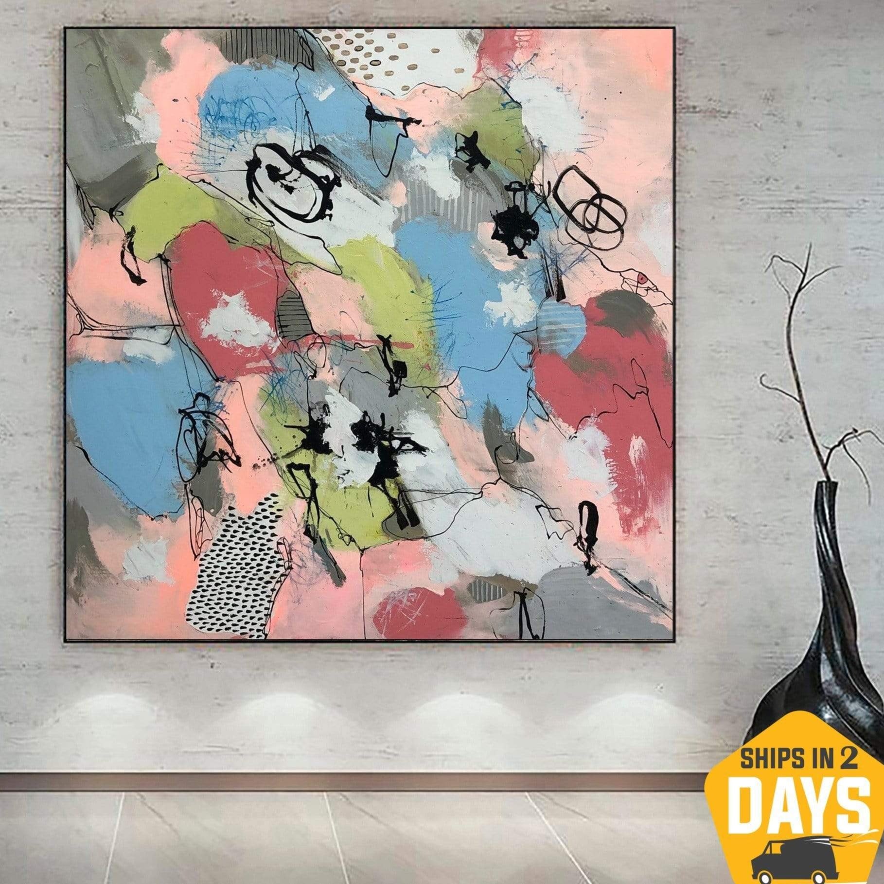 Buy Large Abstract Oil Painting in Pink. Blue and Red Colors Modern Textured Wall Art as Hand Painted Art for Home Wall Decor | DREAMY PUZZLE 40"x40" online shopping cheap