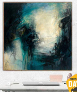 Large Abstract Painting On Canvas: Original Oil Artwork in Blue, White, Black, Yellow Colors as Contemporary Art for Living Room | RAY OF SUNSHINE 46"x46"