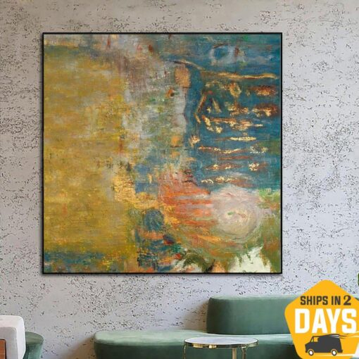 Buy Large Abstract Painting on Canvas Green Painting Gold Leaf Artwork Vibrant Wall Art Abstract Impressionism Painting Hand Painted Art | TROPICAL BEACH 40"x40" online shopping cheap