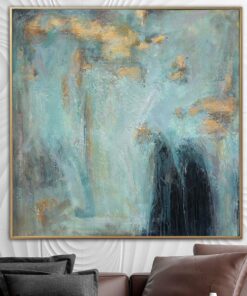 Large Abstract Painting on Canvas Turquoise Wall Art Neutral Artwork Personalized Painting 32×32 Art for Aesthetic Room Decor | FROSTY MORNING
