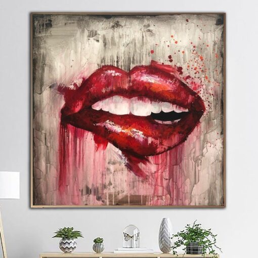 Buy Large Abstract Red Lips Paintings On Canvas Original Textured Fine Art Modern Expressionist Art Handmade Painting Red Smile Art | PASSIONATE KISS online shopping cheap