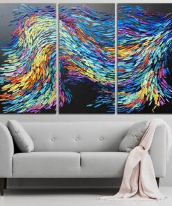 Large Abstract Triptych Wall Art Framed Colorful Paintings On Canvas Impasto Oil Painting Set Of 3 Black Canvas Wall Art Cool Tones Fine Art | VIBES