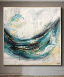 Large Abstract Turquoise Painting On Canvas Beige Wall Art Contemporary Art Wall Decor | FRESHNESS