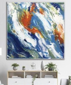 Large Blue Painting On Canvas Oversized Impasto Painting Orange Painting Expressionist Art Fine Art Painting Over The Fireplace Decor | LAZY COLORS