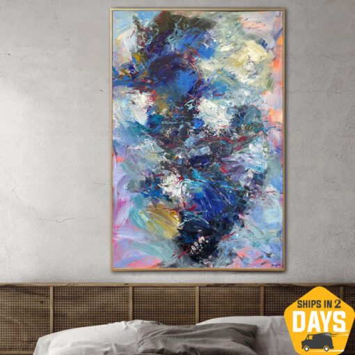 Buy Large Colorful Oil Painting Acrylic Blue Canvas Art Large Acrylic Painting On Canvas Modern Living Room Wall Decor | ANEMONE CARMEL BLUE 54"x36" online shopping cheap