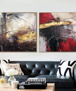 Large Colorful Painting on Canvas Modern Gold Leaf Wall Art Diptych Painting Black Artwork Set Of 2 Paintings for Indie Decor | RED AND PURPLE LIGHT
