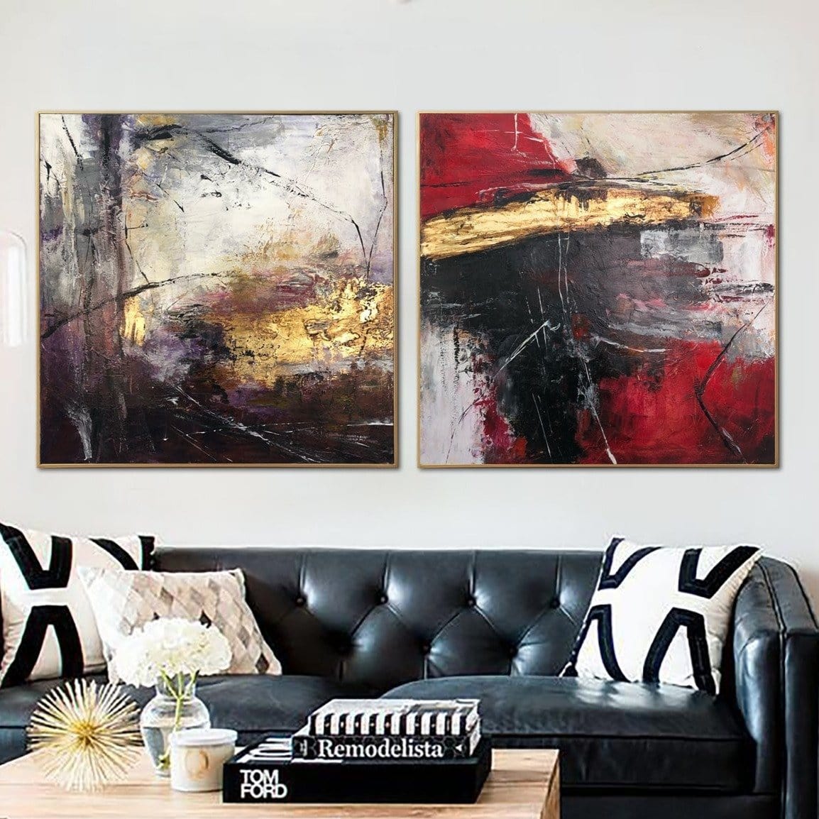 Buy Large Colorful Painting on Canvas Modern Gold Leaf Wall Art Diptych Painting Black Artwork Set Of 2 Paintings for Indie Decor | RED AND PURPLE LIGHT online shopping cheap