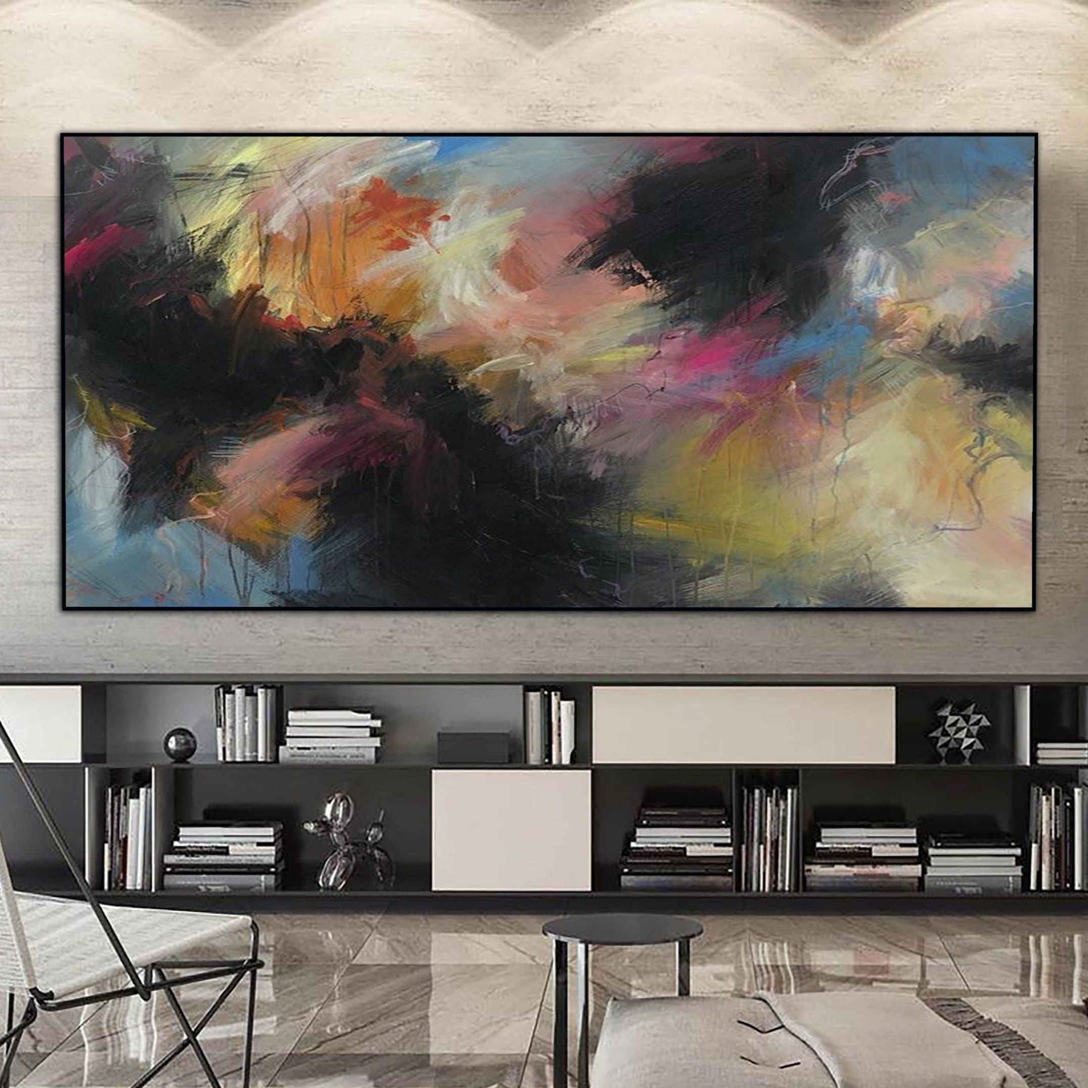 Buy Large Colorful Wall Art Abstract Oil Painting Canvas Black Wall Art Textured Painting Contemporary Wall Art for Fireplace Wall Decor | PEAL OF SHADOW online shopping cheap