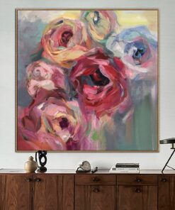 Large Flowers Painting Colorful Abstract Art: Pink Roses Wall Art as Textured Artwork on Canvas for Modern Living Room Wall Decor | BLOOMING