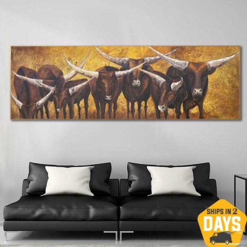 Buy Large Original Abstract Bulls Paintings On Canvas Contemporary Animals Art Modern Textured Painting | UNSTOPPABLE FLOCK 25.2"x80" online shopping cheap