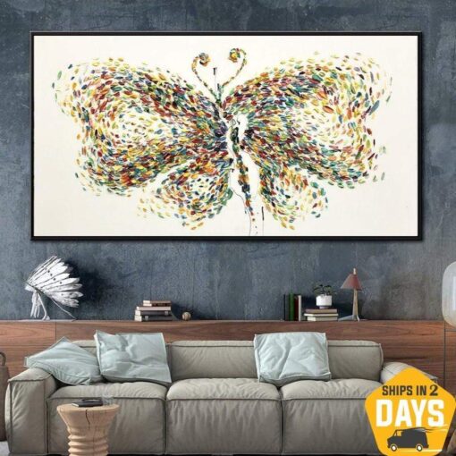 Buy Large Original Abstract Butterfly Painting Colorful Oil Paintings On Canvas Modern Wall Art Minimalist Fine Art | WING LIGHTNESS 23"x46" online shopping cheap