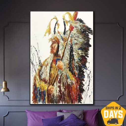 Buy Large Original Abstract Indian Painting Native American Paintings On Canvas Human Oil Abstract Painting Fine Wall Art | INDIAN CHIEF 28"x20" online shopping cheap