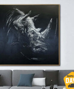 Large Rhinoceros Painting On Canvas Wild Animal Wall Art Rhino Textured Art Monochrome Artwork Wild Animal Canvas Art | RHINO ARCHIE 32"x32"