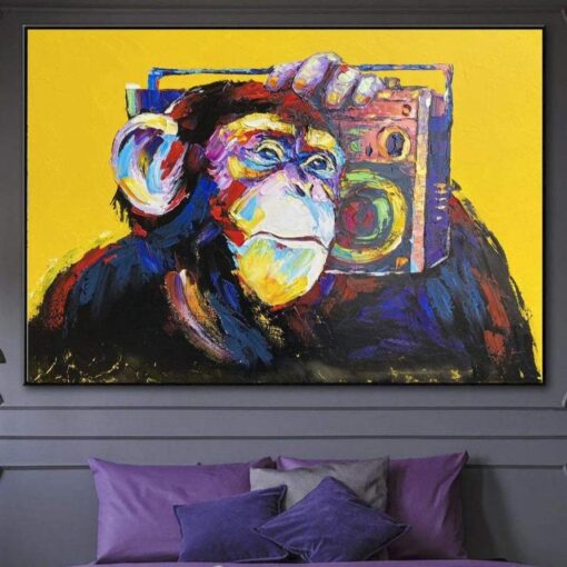Buy Large abstract canvas Monkey with musical player Paintings on canvas pop art abstract fine art contemporary art wall decor | MONKEY ON STYLE online shopping cheap