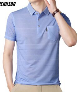 Middle-age Summer Tops Short Sleeve Smooth Polo Shirt Stripes Casual 95% Polyester Male Fashion Clothing Pocket 00518905