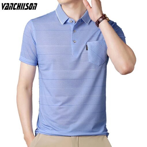 Buy Middle-age Summer Tops Short Sleeve Smooth Polo Shirt Stripes Casual 95% Polyester Male Fashion Clothing Pocket 00518905 online shopping cheap