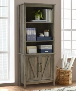 Modern Farmhouse 5 Shelf Library Bookcase with Doors, Rustic Gray Finish storage cabinet kitchen cabinets