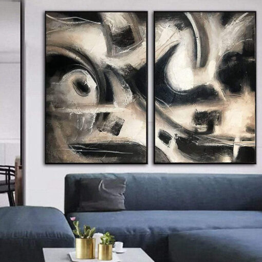 Buy Modern Set Of 2 Abstract Beige Paintings Black and White Wall Artwork Large Living Room Decor | PROJECTED online shopping cheap