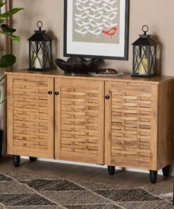 Modern and Contemporary Oak Brown Finished Wood 3-Door Shoe Cabinet