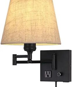 Mount Light with Dimmable Switch and Outlet, Swing Arm Metal Shade Sconce Light with USB Port and Plug in Cord, Black Lamp for