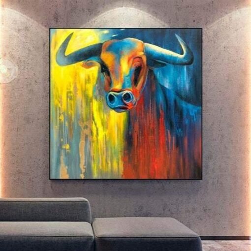 Buy Multicolored impressionist bull painting on canvas: abstract original buffalo painting in red