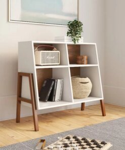 Nathan James Telos Glossy White and Brown Angled Design 4-Cube Storage Organizer, Open Shelf Bookcase