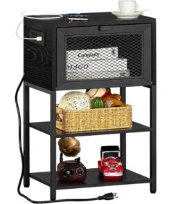 Nightstand with Charging Station and USB Port,3Tier Industrial Night Stand,Bedside Table with Flip Storage Drawer and Open Shelf