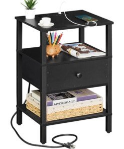 Nightstand with Charging Station and USB Ports, 3-Tier Storage End Table with Drawer Shelf, Night Stand for Small Spaces